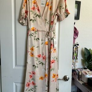 Bohme Beige Maxi Dress with Coral and Yellow Floral Print